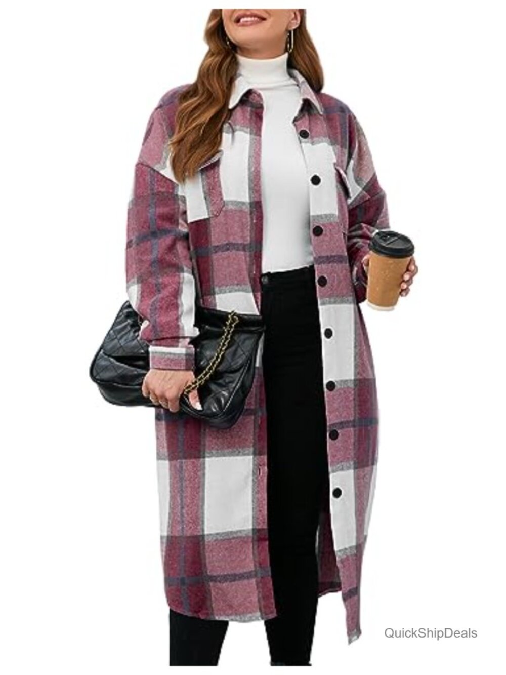 Plus Size Long Flannel Plaid Shacket Jacket Oversized Button Down with Pockets